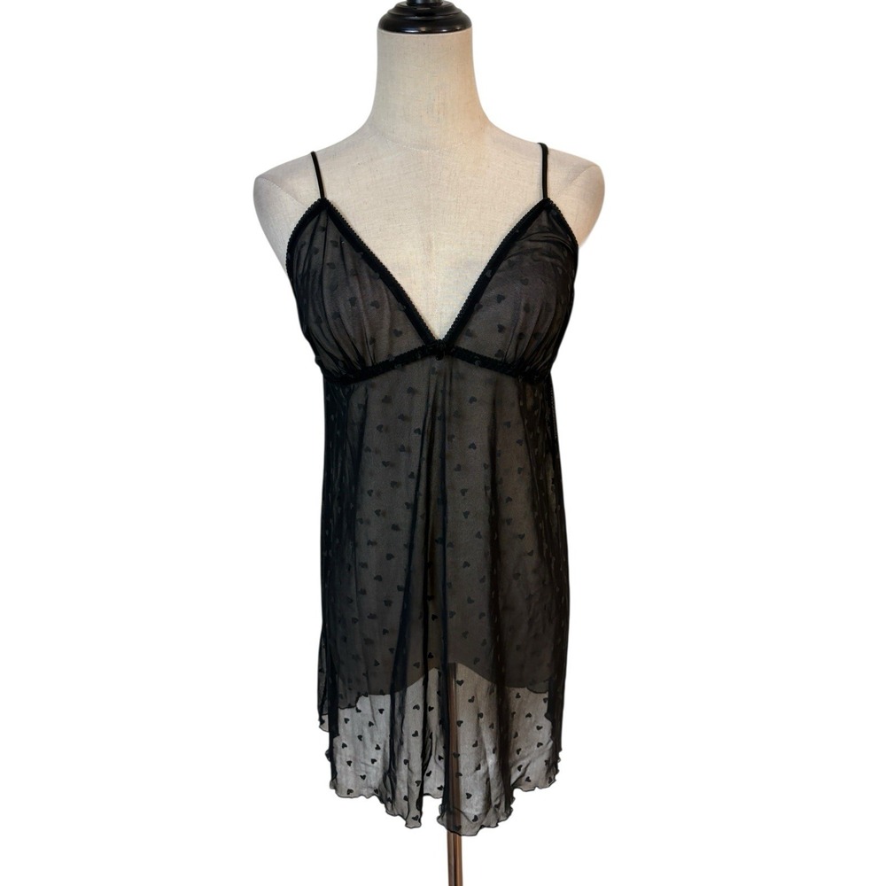 Vtg Sheer Black‎ Nightie Néglige Hearts Sz M Boudoir Lingerie Y2K Seductive Wear